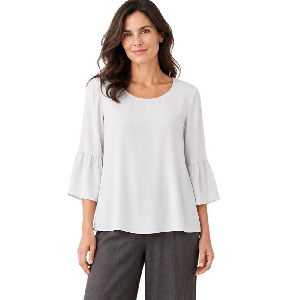 Eileen Fisher Gray Silk Georgette Tunic Blouse Top 3/4 Ruffle Bell Sleeve Medium
